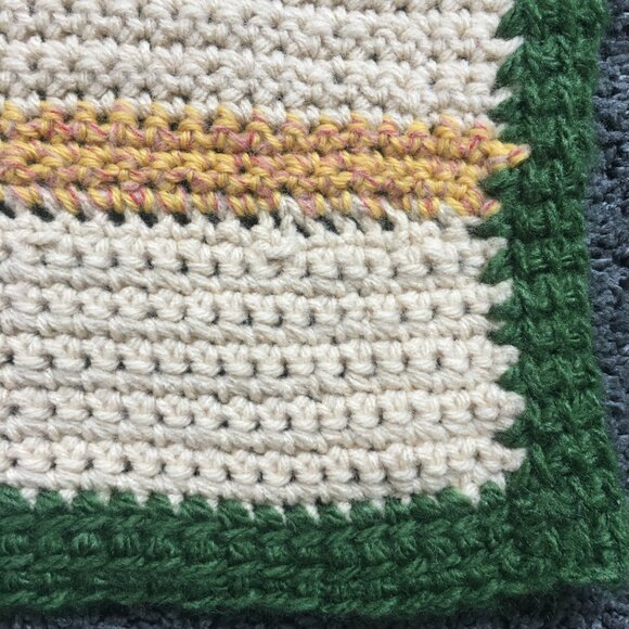 Hand Crocheted Square Cream Yellow Red Green Striped Mat Rug - Picture 11 of 16